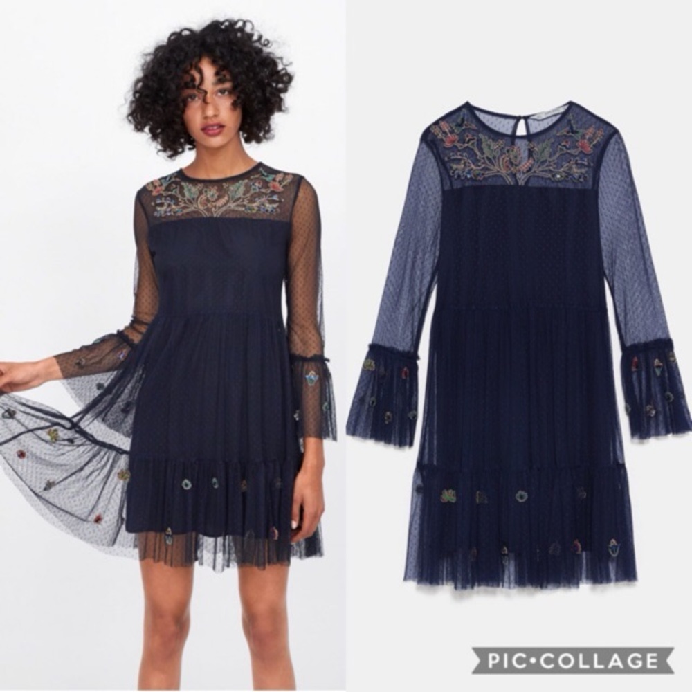 NWT Zara Navy Blue Embroidered‎ Tulle Beaded Cute Boho Mini Dress Medium M 4 6